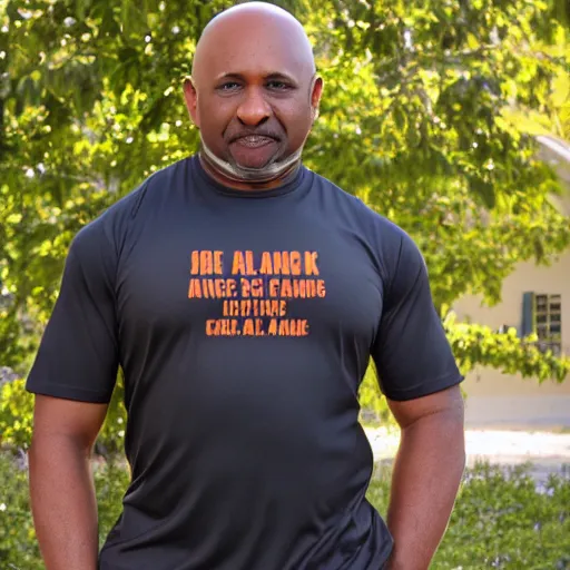 Image similar to a bald middle aged black man with a goatee in an orange gym shirt, high quality portrait