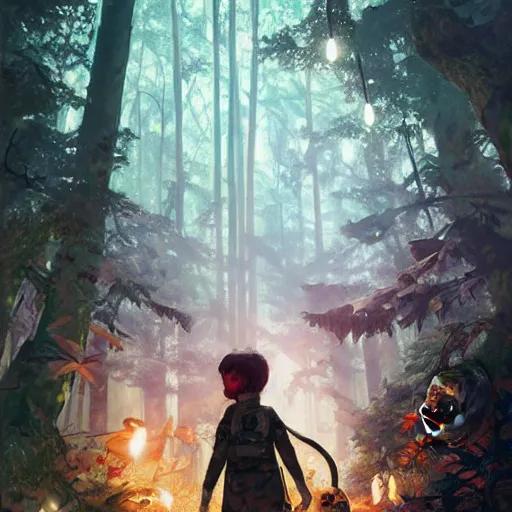 Image similar to dark scene of a tiny squirrel warrior holding blasters, surrounded by glowing eyes in the forest, realistic shaded lighting poster by ilya kuvshinov katsuhiro otomo, magali villeneuve, artgerm, jeremy lipkin and michael garmash and rob rey