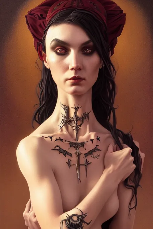 Image similar to portrait of a satanic witch, tattooed face, upper body, decorated, intricate, elegant, highly detailed, digital painting, artstation, concept art, smooth, sharp focus, illustration, art by artgerm and greg rutkowski and alphonse mucha, 8 k