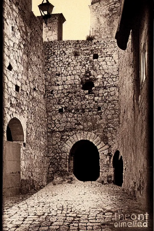 Image similar to a dark cave in the middle of an ordinary city, trogir golden hour 1 9 0 0 s photograph