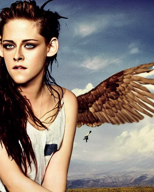 Prompt: Kristen Stewart riding an Eagle as it soars thru the sky, hyperreal, cinematic
