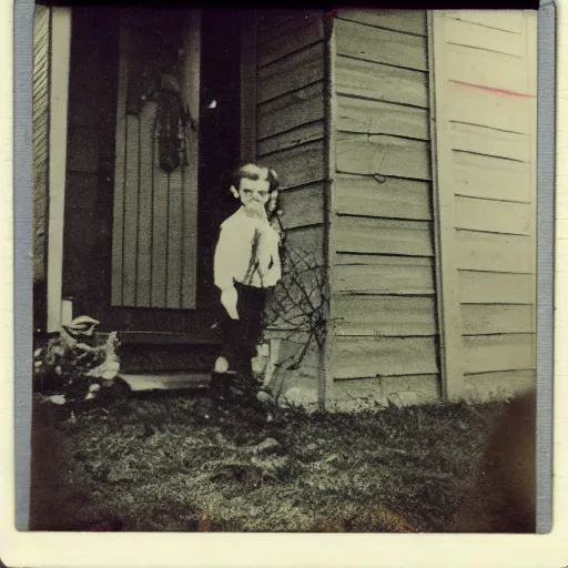 Prompt: A 1900's polaroid photograph of a spindley scary stick monster with bright eyes standing in front of a house