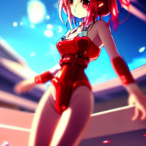 Prompt: digital anime art, wlop, rossdraws, sakimimichan, very small cute girl standing on a large table, red mech arms and red mech legs,