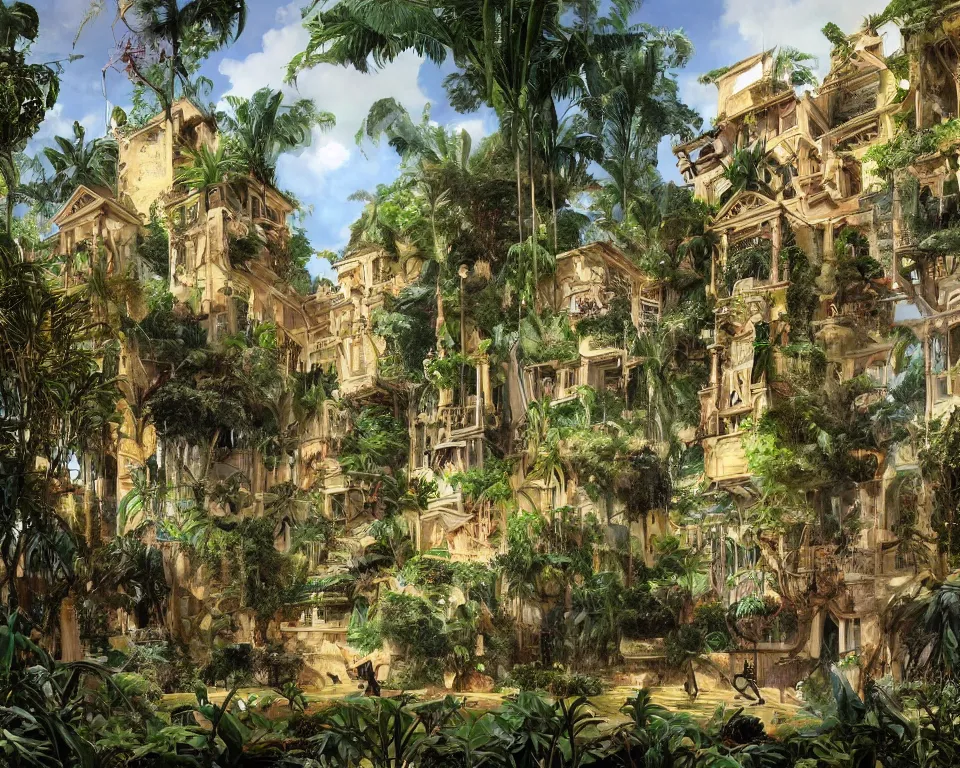 Image similar to repeating colonial mansions, overgrown with tropical foligage, by Salvador Dali and Greg Rutkowski and Giovanni Paolo Panini.