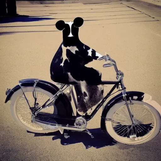 Prompt: a cool jazzy cow wearing sunglasses on a bike
