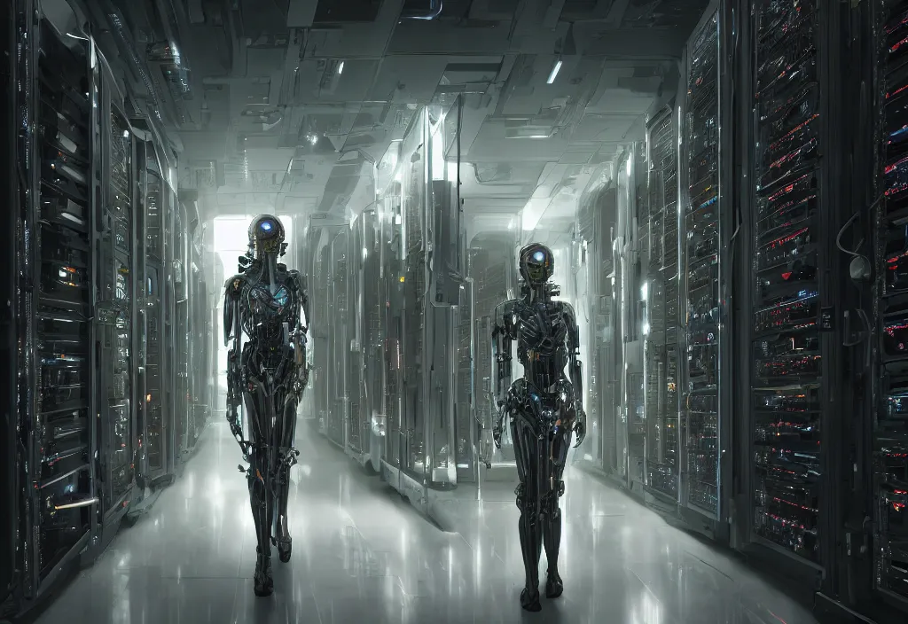 Prompt: shot of film cyborg, robot sci - fi, walking in server room in datacenter, natural light, elegant, atmospheric lighting intricate by barclay shaw, by karol bak, by yukito kishiro, octane render 8 k, detailed, beautiful composition, cyberpunk colors, ultra high details, cinematic composition, professional master piece