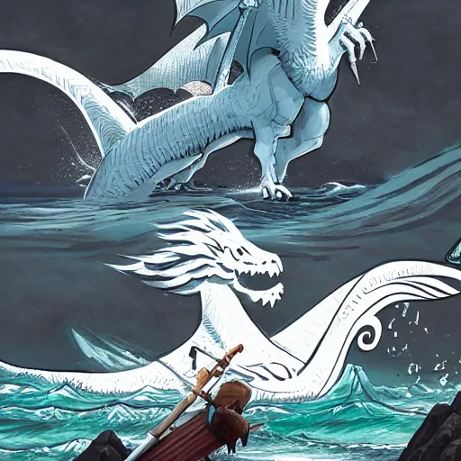 Image similar to an ancient white dragon tears apart a sailing boat, very detailed, prophet graphic novel, ilya kuvshinov, mcbess, rutkowski, simon roy wide shot, colorful, deep shadows,