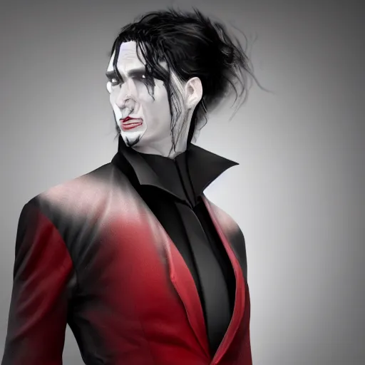 Image similar to a vampire, male, mid - 4 0 s aged, long, slicked black hair, clean shaven, in red and black, regal, high fantasy, realistic, highly detailed, full body shot, concept art, 8 k.