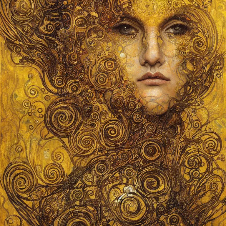 Image similar to Divine Chaos Engine portrait by Karol Bak, Jean Deville, Gustav Klimt, and Vincent Van Gogh, sacred geometry, visionary, mystic, fractal structures, ornate gilded medieval icon, spirals, horizontal symmetry