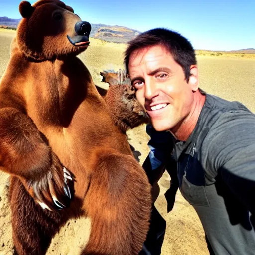 Prompt: Bear Grills selfie with a brown bear