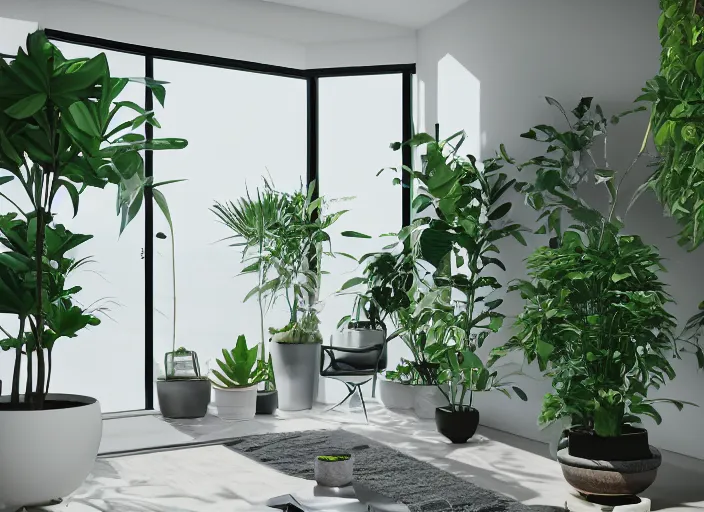 Prompt: A modern indoor room, clean architecture, some plants, peaceful, 8K, Octane Render