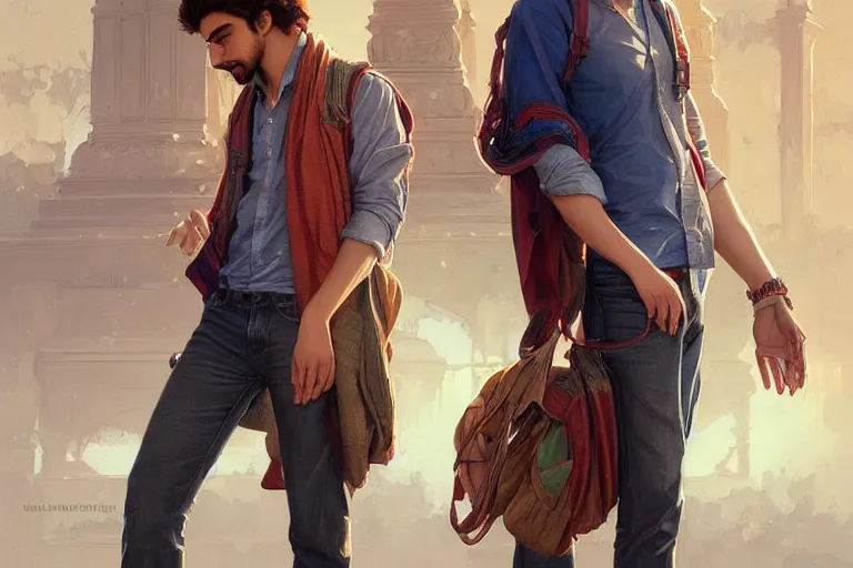 Image similar to Optimistic good looking pale young Indian doctors wearing jeans at the airport, portrait, elegant, intricate, digital painting, artstation, concept art, smooth, sharp focus, illustration, art by artgerm and greg rutkowski and alphonse mucha