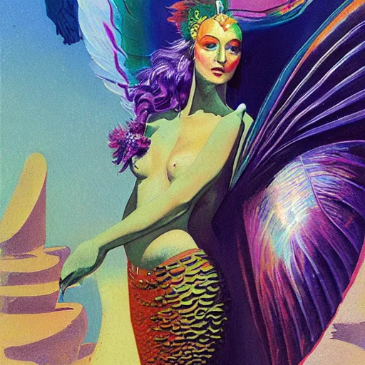 Prompt: creature with butterfly wings, peacock head, and mermaid tail, syd mead, john harris