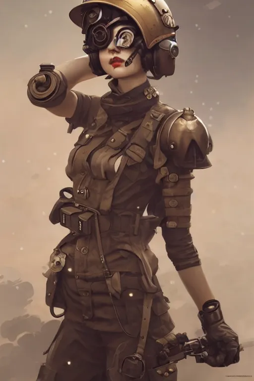 Image similar to dieselpunk soldier girl, helmet, shoulders, chest, portrait, armored, highly detailed, sharp focus, art, illustrations by wlop and ayanamikodon and irakli nadar and loish and rossdraws