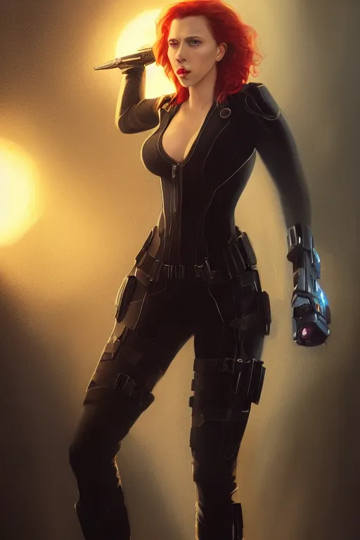 Image similar to a fancy portrait of a Scarlett Johansson as black widow by Greg Rutkowski, Sung Choi, Mitchell Mohrhauser, Maciej Kuciara, Johnson Ting, Maxim Verehin, Peter Konig, final fantasy , mythical, 8k photorealistic, cinematic lighting, HD, high details, atmospheric,