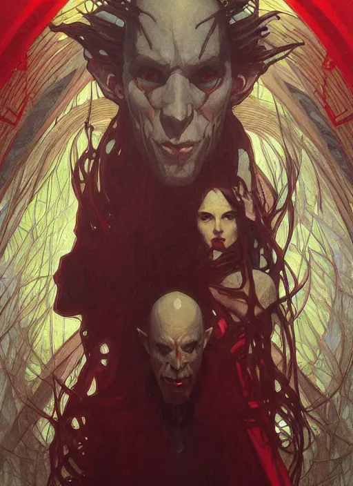 Image similar to symmetry! portrait of nosferatu, red spike aura in motion, floating pieces, painted art by tsuyoshi nagano, greg rutkowski, artgerm, alphonse mucha, spike painting