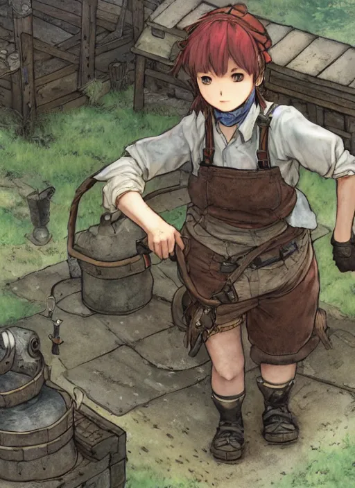 Image similar to tomboy blacksmith at the smithy, hidari, color page, tankoban, 4K, tone mapping, Akihiko Yoshida.