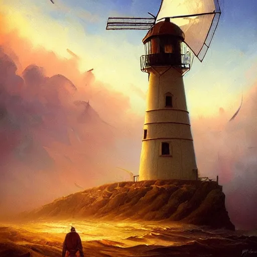 Image similar to level windmill lighthouse turbine propeller sails in Hand Crafted from composite materials by Futuristic Steampunk Savant Neurocrafter Gnomes. Painting by anato finnstark greg rutkowski Donato Giancola Jeff Simpson tombow