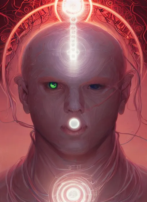 Image similar to cthonic resonance, red and white fractal glowing eyes, genetically augmented pale white young man with circular nodes sticking out from behind his neck, soft curly blonde hair, fantasy, extremely detailed, digital painting, artstation, concept art, smooth, sharp focus, illustration, stunning lighting, art by artgerm and greg rutkowski and alphonse mucha and simon stalenhag, realistic character concept, high fantasy, dark atmosphere, golden ratio, cinematic lighting, hyperdetailed, high resolution, insanely detailed and intricate, artstation, Marc Simonetti, Greg Rutkowski, 8k