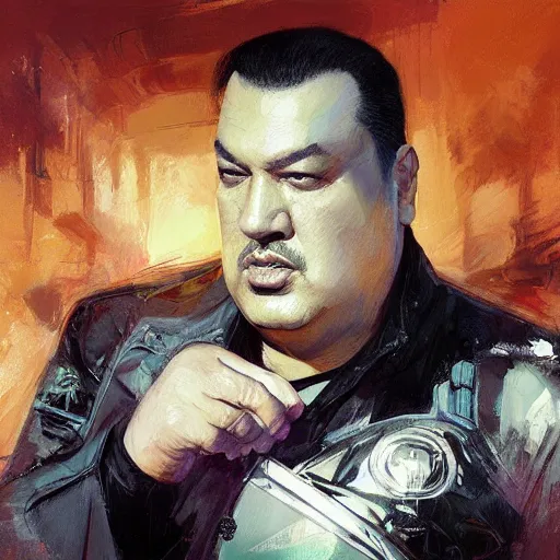 Prompt: , a professional painting of a obese steven seagal, intricate, elegant, digital painting, concept art, smooth, sharp focus, illustration, from Metal Gear, by Ruan Jia and Mandy Jurgens and Greg Rutkowski and Artgerm and William-Adolphe Bouguerea and artgerm,