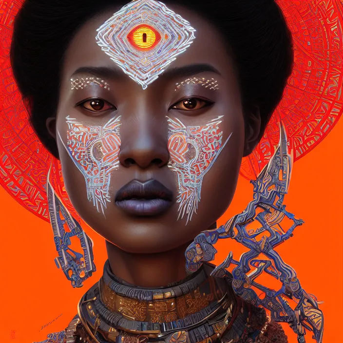 Image similar to symmetry! portrait of a hybrid african woman, face decorated with chinese opera motifs, leds horizon zero dawn machine, intricate, elegant, highly detailed, digital painting, artstation, concept art, smooth, sharp focus, illustration, art by artgerm and greg rutkowski and alphonse mucha, 8 k