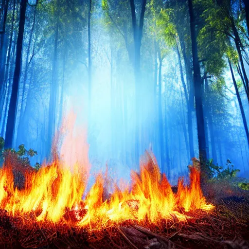 Prompt: a forest burning with blue fire, tragic scene, render