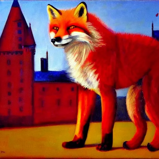 Image similar to only with red, in a red dream world, a crimson tiger, a big deal, a red fox, a castle in the background, in the style of beskinsky, part by hopper, part by rodcenko, part by hofbauer, intricate composition and red by caravaggio, insanely quality, masterpiece, oil on canvas, award winning, dramatic,