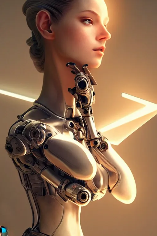 Image similar to Mechanical female android looking, cinematic lighting, intricate, elegant, super highly detailed, art station, concept art, smooth, sharp focus, no blur, no dof, extreme illustration, Unreal Engine 5, Photorealism, HD quality, 8k resolution, cinema 4d, 3D, beautiful, delicate, art by artgerm and greg rutkowski and alphonse mucha and loish and WLOP