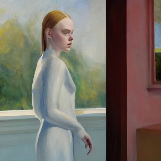 Prompt: Elle Fanning as an Android, oil on canvas, golden hour, artstation, by Andrew Wyeth and Edward Hopper,