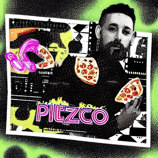 Prompt: DJ style album cover with pizza and words DJ FROZEN PIZZA, psychedelic, 16k, trending on artstation