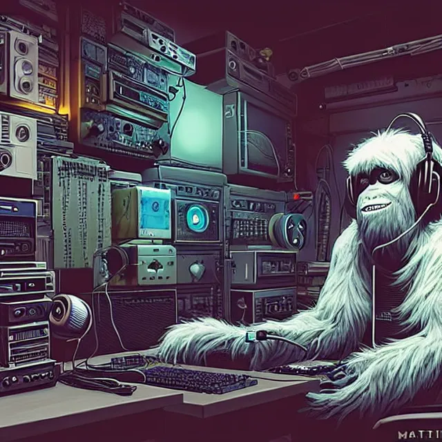 Image similar to a portrait of an anthropomorphic cyberpunk yeti podcasting while working in his secret electronics lab, detailed render, tape deck, microphone, boombox, headphones, epic composition, cybernetics, 4 k realistic, cryengine, realistic shaded lighting, sharp focus, masterpiece, by matteo scalera, gary montalbano, peter elson in the style of the tokyo ghost comic