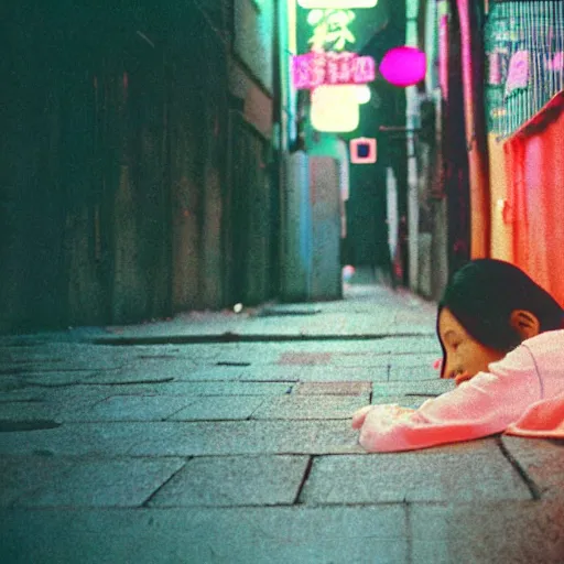 Image similar to 1990s perfect 8K HD professional cinematic photo of close-up japanese schoolgirl sleeping on ground in dystopian alleyway with neon signs, at evening during rain, at instagram, Behance, Adobe Lightroom, with instagram filters, depth of field, taken with polaroid kodak portra