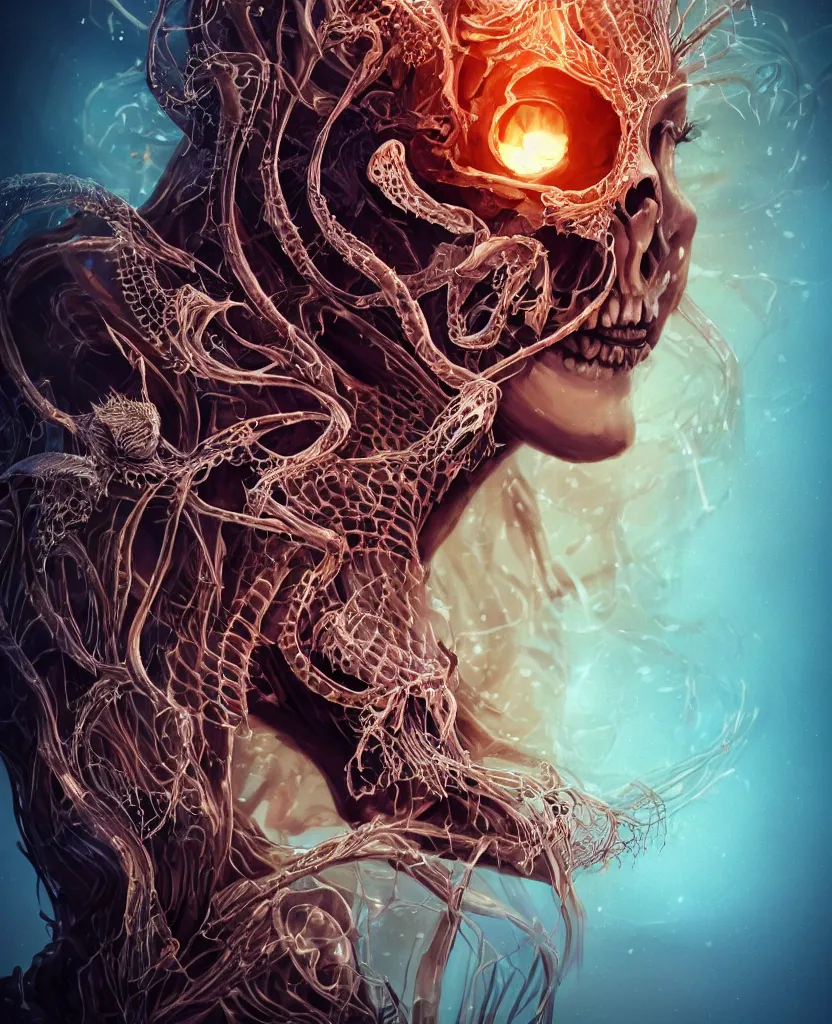 Image similar to close-up macro portrait of the face of a beautiful princess with animal skull mask, epic angle and pose ribcage skeleton, symmetrical artwork, 3d with depth of field, blurred background, cybernetic jellyfish female face skull phoenix bird, translucent, nautilus, energy flows of water and fire. a highly detailed epic cinematic concept art CG render. made in Maya, Blender and Photoshop, octane render, excellent composition, cinematic dystopian brutalist atmosphere, dynamic dramatic cinematic lighting, aesthetic, very inspirational, arthouse. y Greg Rutkowski, Ilya Kuvshinov, WLOP, Stanley Artgerm Lau, Ruan Jia and Fenghua Zhong