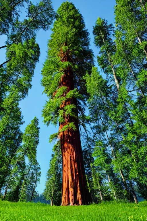 Prompt: A huge and verdant sequoia amidst a meadow of grass and iridescent crystals