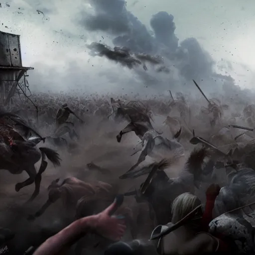 Image similar to an horse attacking a horde of humans in a battlefield, explosions, foggy, dust, dirt, cinematography, photography, realistic, detailed,