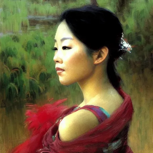 Prompt: elegant asian woman by the river, detailed face, correct face, painting by Gaston Bussiere, Craig Mullins