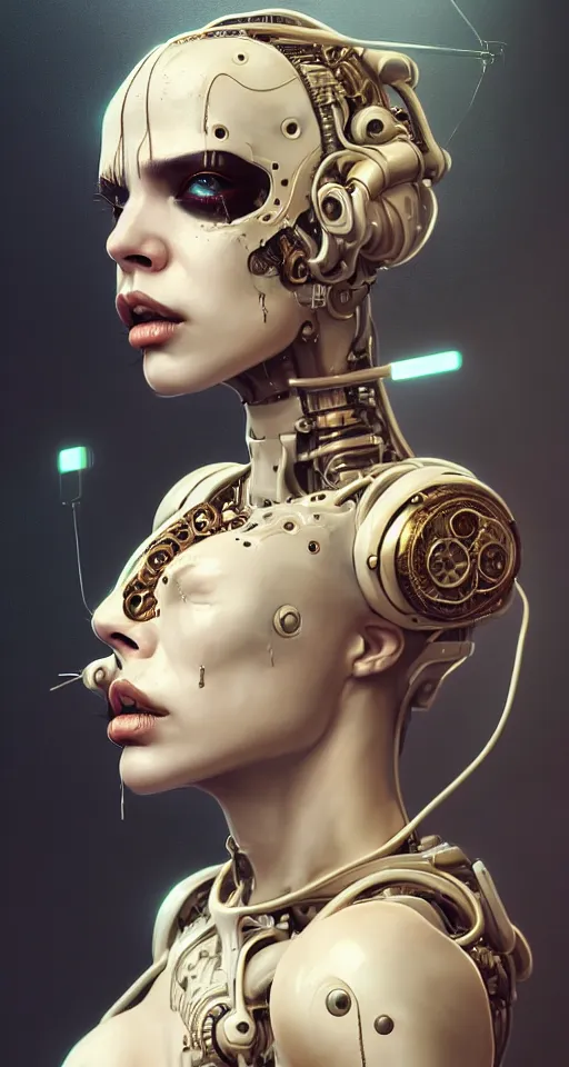 Image similar to soft lustrous hard tech ivory biotech raver gutter punk cyborg bioweapon, golden ratio, details, sci - fi, dark fantasy, cyberpunk, intricate, decadent, ornate, highly detailed, digital painting, octane render, 8 k, artstation, concept art, smooth, sharp focus, illustration, art by artgerm, loish, wlop