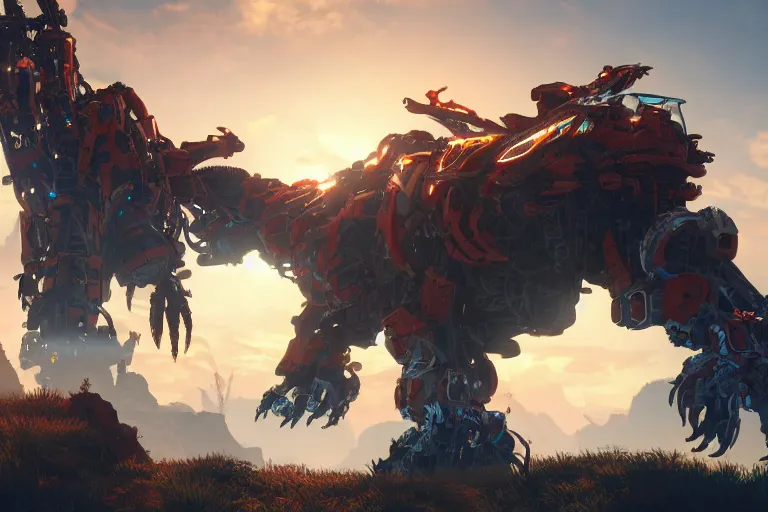 Image similar to fireclaw machine mecha animal beast robot of horizon forbidden west horizon zero dawn bioluminiscence global illumination ray tracing hdr fanart arstation by sung choi and eric pfeiffer and gabriel garza and casper konefal