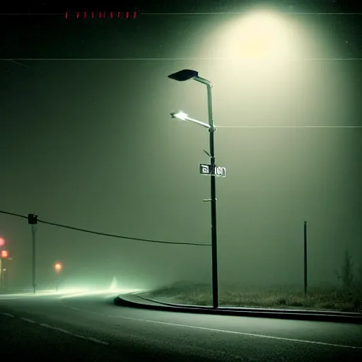 Prompt: A stunningly beautiful award-winning 8K high angle cinematic movie photograph of a spooky foggy empty lightless moonlit main intersection in an abandoned 1950s small town at night, by David Fincher and Darius Khonji, perfect composition, from roofline, moody low key backlit. Color palette from Seven, greens yellows and reds. 2 point perspective, high angle from 15 feet off the ground. Octane render