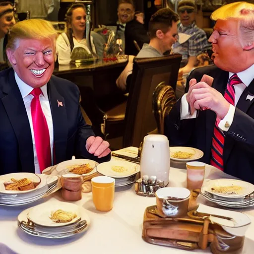 Prompt: smiling trump meets with [ laughing slaanesh warhammer 4 0 k ] at a diner, style of norman rockwell, 8 k, ultra detailed, photograph, rule of thirds.