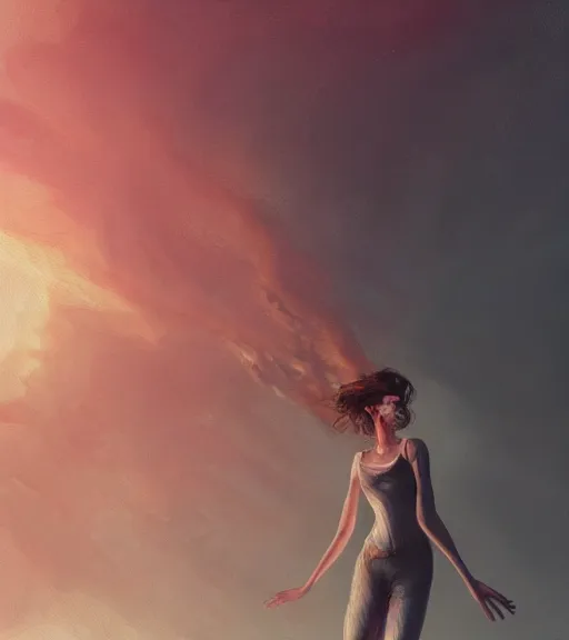 Prompt: Portrait of woman dancing, in the apocalyptic sunrise, countryside, dimly lit, wispy smoke, intricate, highly detailed, digital painting, artstation, concept art, sharp focus, illustration, art by manara