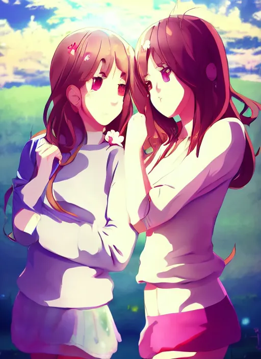 Image similar to two beautiful mothers taunting each other, in spring clothes, gorgeous faces, smooth, thick lines, cinematic lighting, detailed anime art