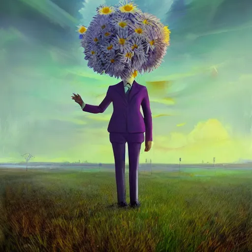 Image similar to giant daisy flower head, frontal, girl in a suit, surreal photography, sunrise, dramatic light, impressionist painting, digital painting, artstation, simon stalenhag