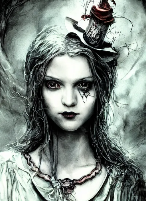 Prompt: portrait, Gothic Alice in Wonderland, watercolor, dramatic lighting, cinematic, establishing shot, extremely high detail, foto realistic, cinematic lighting, pen and ink, intricate line drawings, by Yoshitaka Amano, Ruan Jia, Kentaro Miura, Artgerm, post processed, concept art, artstation, matte painting, style by eddie mendoza, raphael lacoste, alex ross