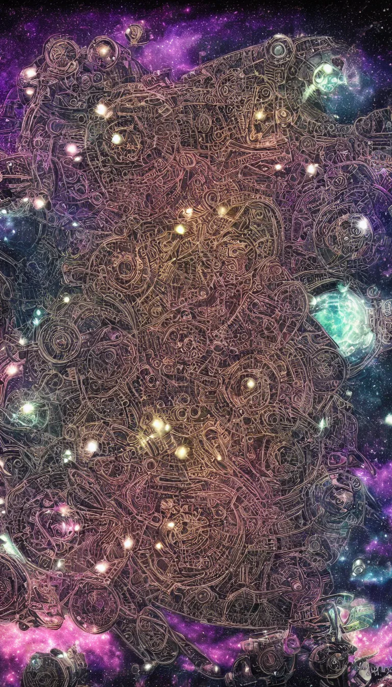 Prompt: intricate machine in space, high contrast, art by mark cooper, 8 k, hyper detailed, hdr, intricate, masterpiece, pastel colors