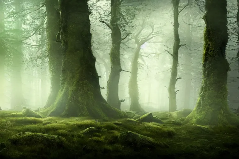 Prompt: dense woodland landscape, English forest, Irish forest, scottish forest, perspective, folklore,King Arthur, Lord of the Rings, Game of Thrones. ultra photoreal , photographic, concept art, cinematic lighting, cinematic composition, rule of thirds , mysterious, eerie, cinematic lighting, ultra-detailed, ultrarealistic, photorealism, 8k, octane render, Albert Bierstadt