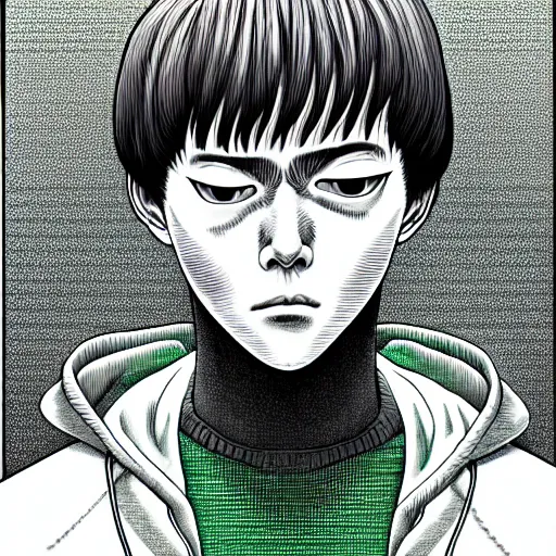 Image similar to portrait of programmer with green hood by junji ito