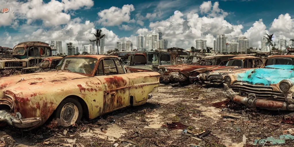 Image similar to wide angle shot of dilapidated fallout 5 miami, tropical coastal city, desolate, dilapidated, some rusted retro futuristic vintage parked vehicles like cars, buses, trucks, trams, sunny weather, few clouds, volumetric lighting, photorealistic, daytime, spring, sharp focus, ultra detailed, technicolour 1