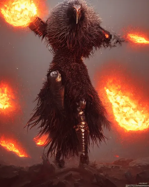 Image similar to oil painting of Angry Anthropomorphized Ostrich Berserker, wearing fur armor, claws, sharp focus, attack pose, fantasy style, octane render, volumetric lighting, 8k high definition, by greg rutkowski, highly detailed, trending on art Station, magic the gathering artwork, burning Battlefield background, centered