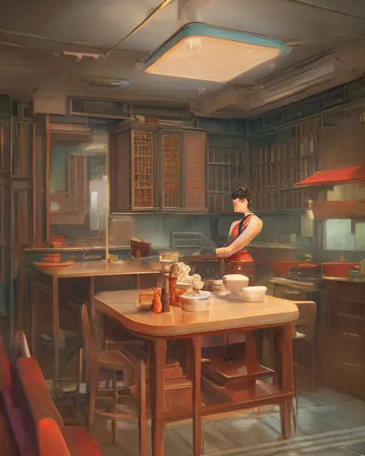 Prompt: kitchen of the 50's in the style of hajime sorayama, volumetric lighting, back lighting, rimlight, dramatic lighting, digital painting, highly detailed, artstation, sharp focus, illustration, Artgerm, Jean-Léon Gérôme , ruan jia